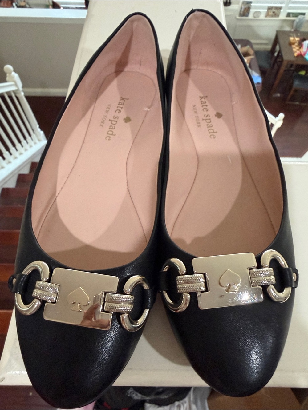 kate spade Black Leather Flats with Gold Plaque Accent